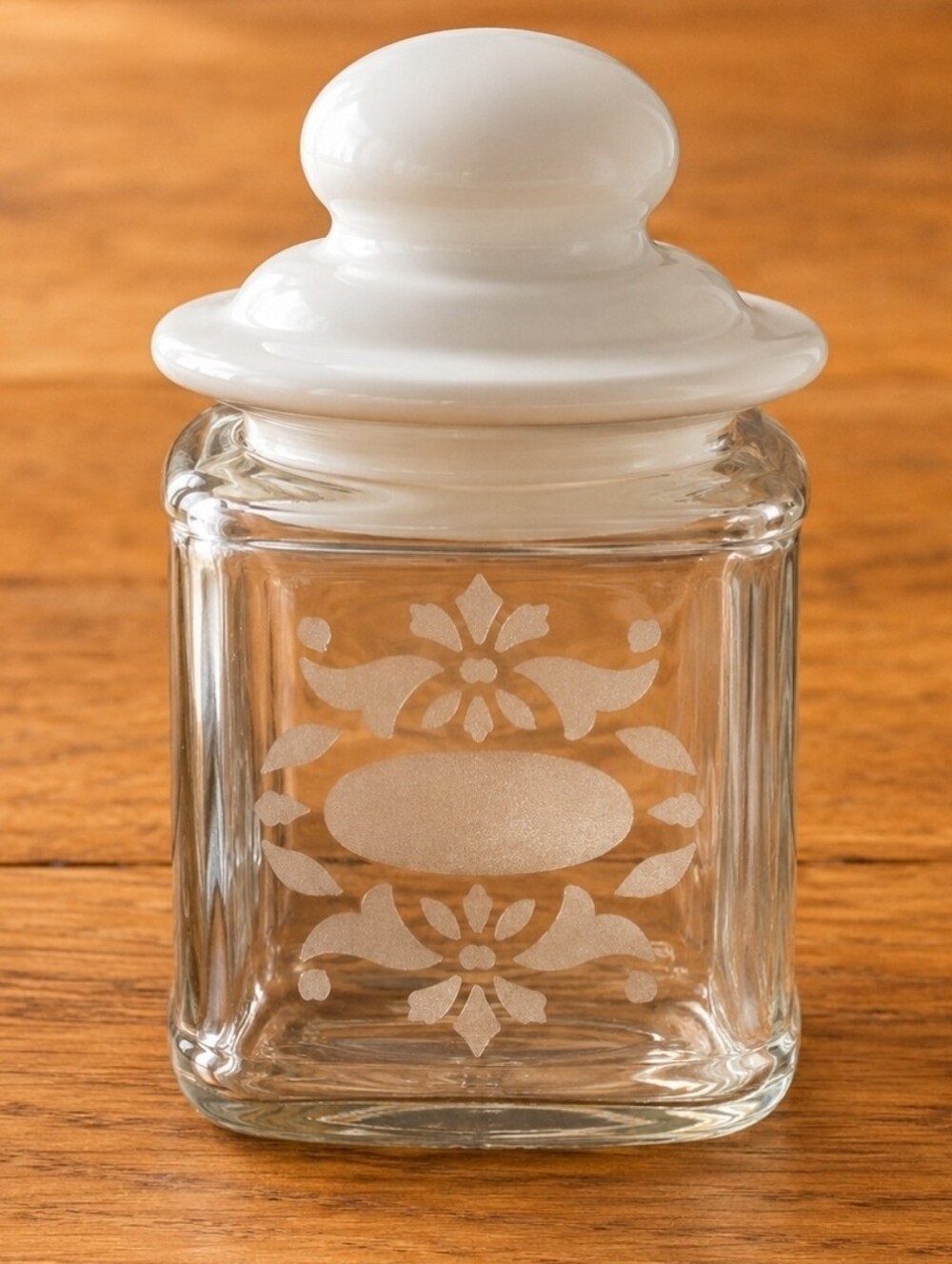 VTG Pfaltzgraff USA Etched Glass Canister Jar White Ceramic Lid Rare